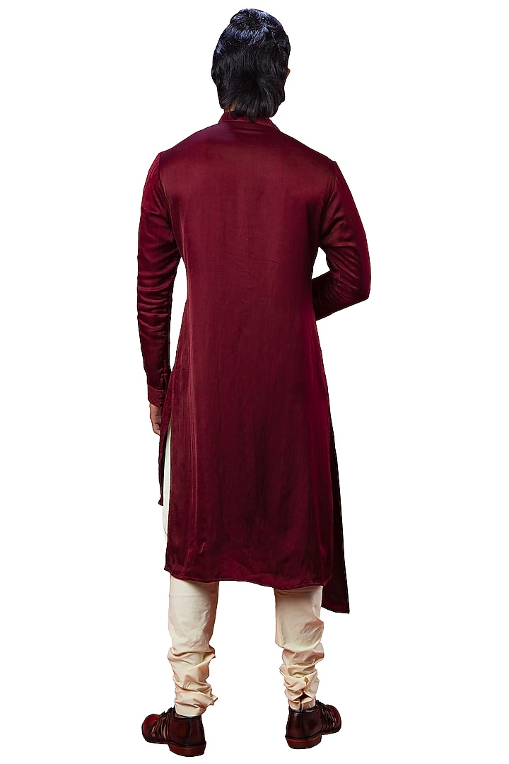 Wine Red Embroidered Asymmetric Kurta by YAJY By Aditya Jain at Pernia's Pop Up Shop
