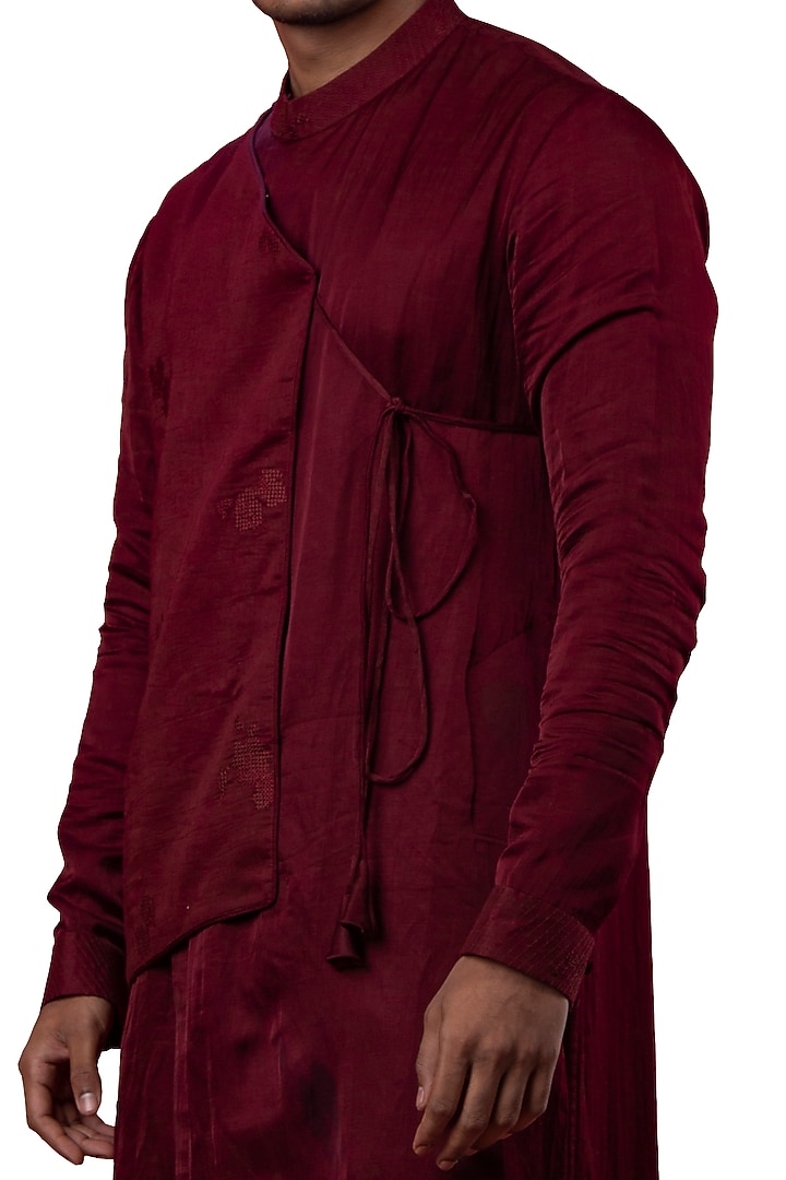 Wine Red Embroidered Asymmetric Kurta by YAJY By Aditya Jain at Pernia's Pop Up Shop