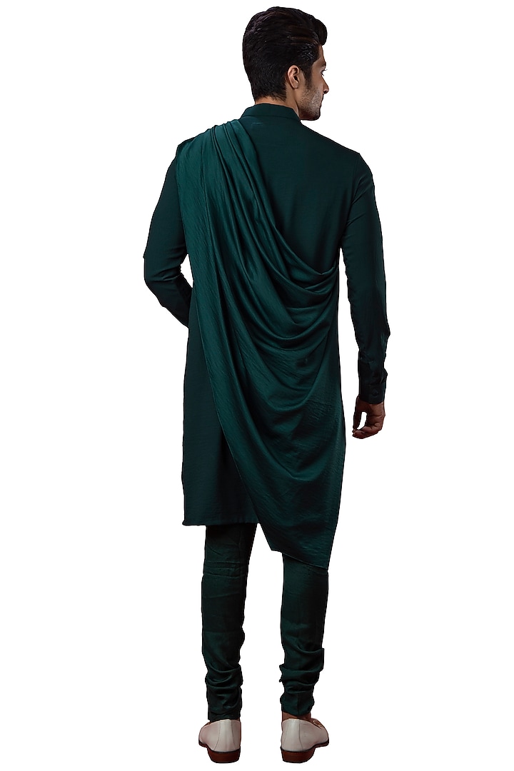 Bottle Green Silk Cowl Kurta by YAJY By Aditya Jain at Pernia's Pop Up Shop