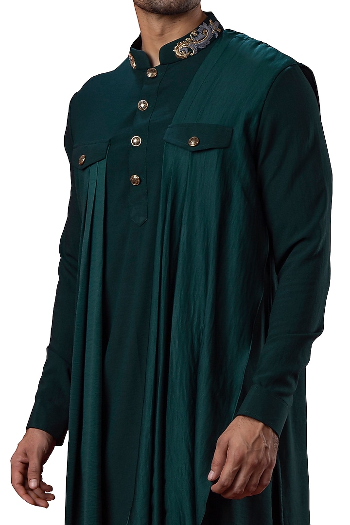 Bottle Green Silk Cowl Kurta by YAJY By Aditya Jain at Pernia's Pop Up Shop