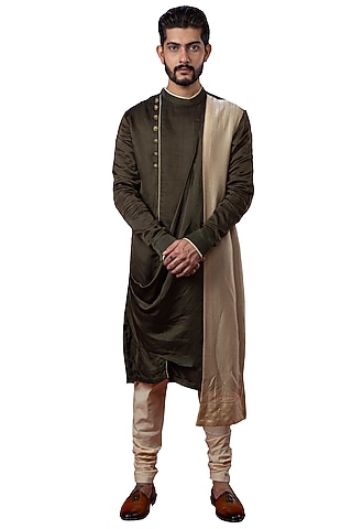 Olive Green Asymmetric Cowl Kurta by YAJY By Aditya Jain