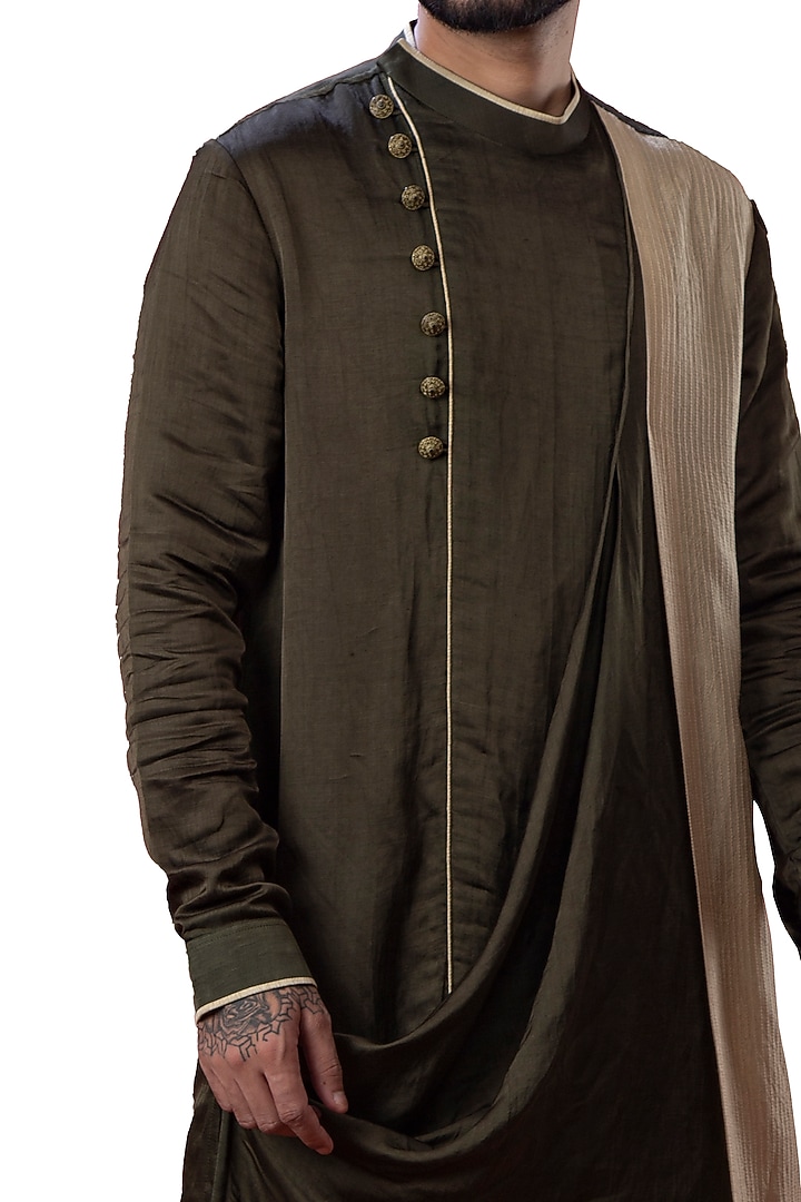 Olive Green Asymmetric Cowl Kurta by YAJY By Aditya Jain at Pernia's Pop Up Shop