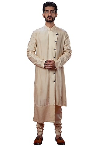 Ivory Silk Asymmetric Kurta by YAJY By Aditya Jain