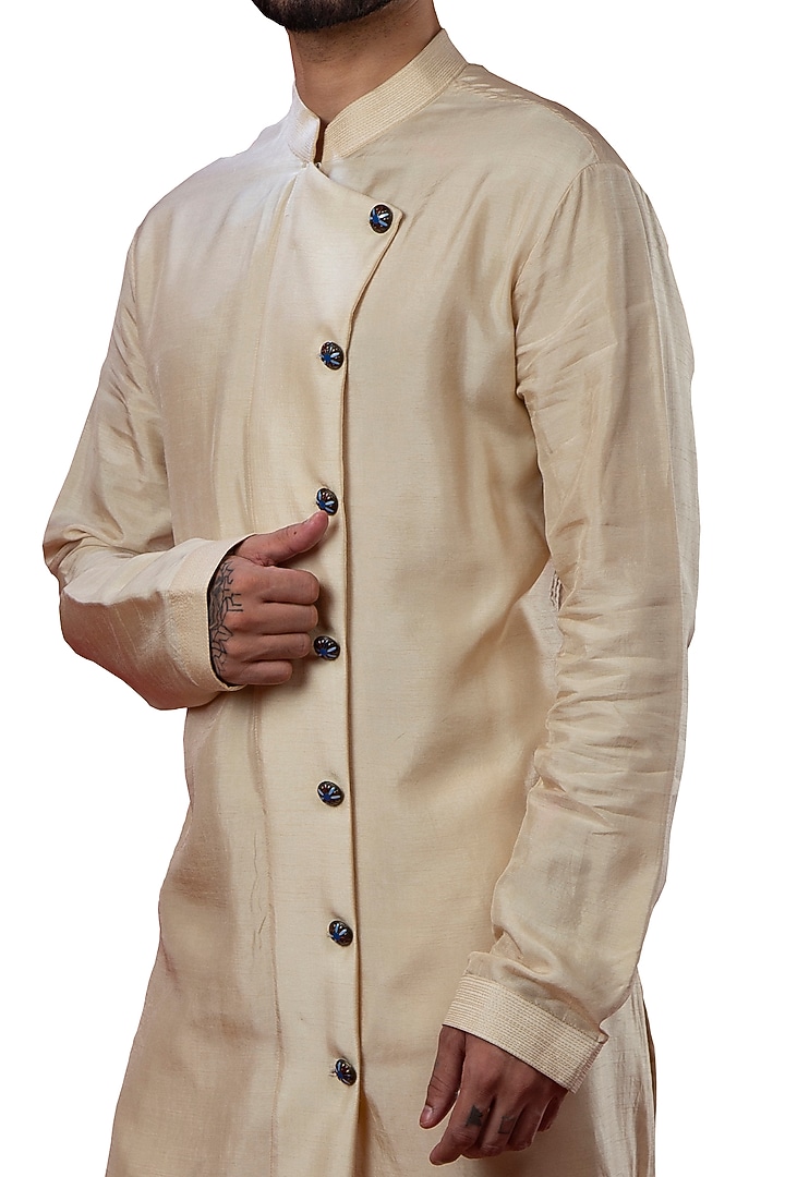 Ivory Silk Asymmetric Kurta by YAJY By Aditya Jain at Pernia's Pop Up Shop