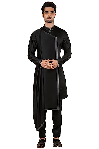 Black Silk Asymmetric Flap Kurta by YAJY By Aditya Jain