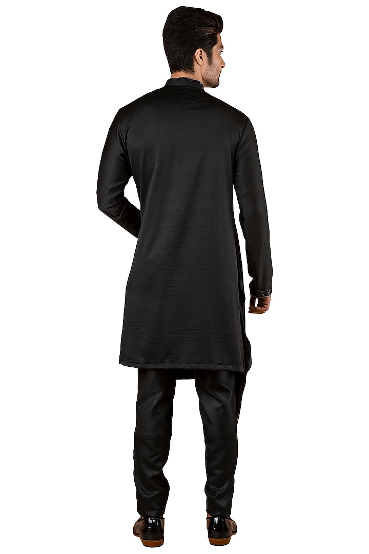 Black Silk Asymmetric Flap Kurta by YAJY By Aditya Jain at Pernia's Pop Up Shop