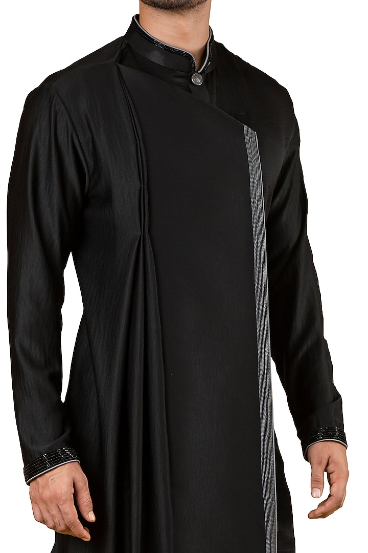 Black Silk Asymmetric Flap Kurta by YAJY By Aditya Jain at Pernia's Pop Up Shop