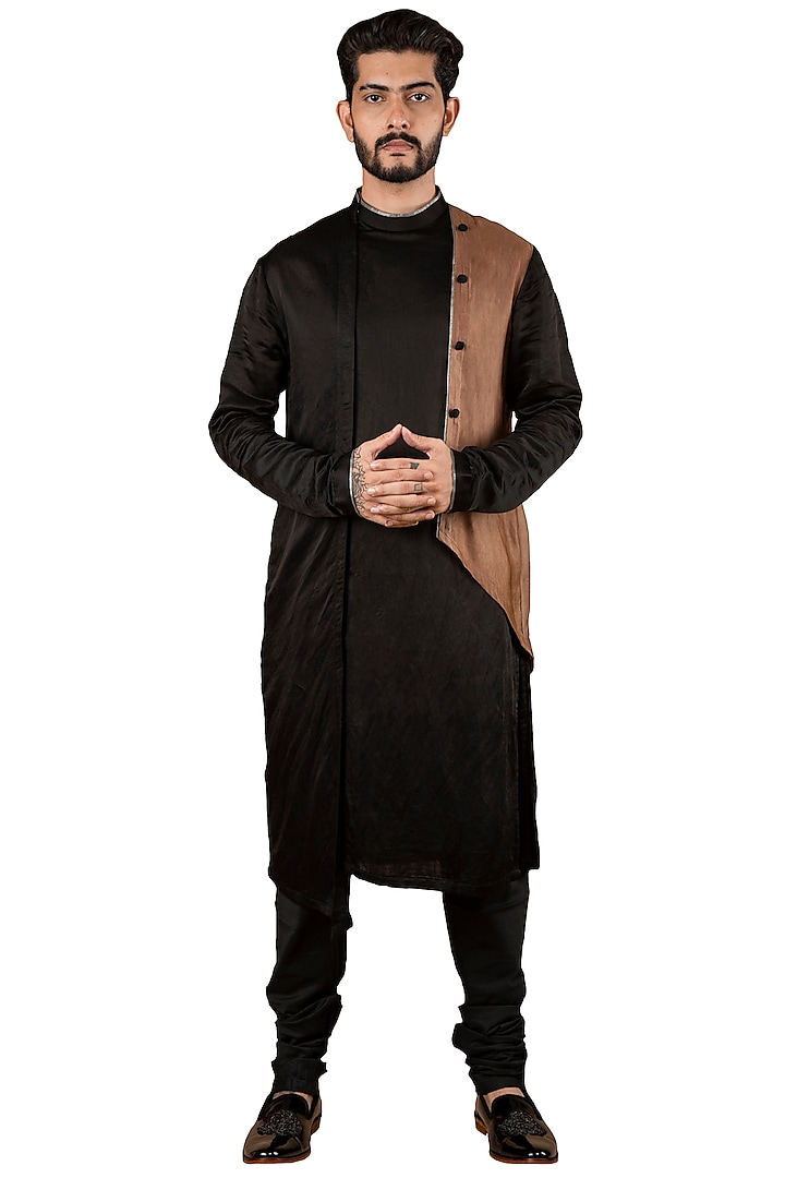 Black Kurta With Attached Jacket by YAJY By Aditya Jain