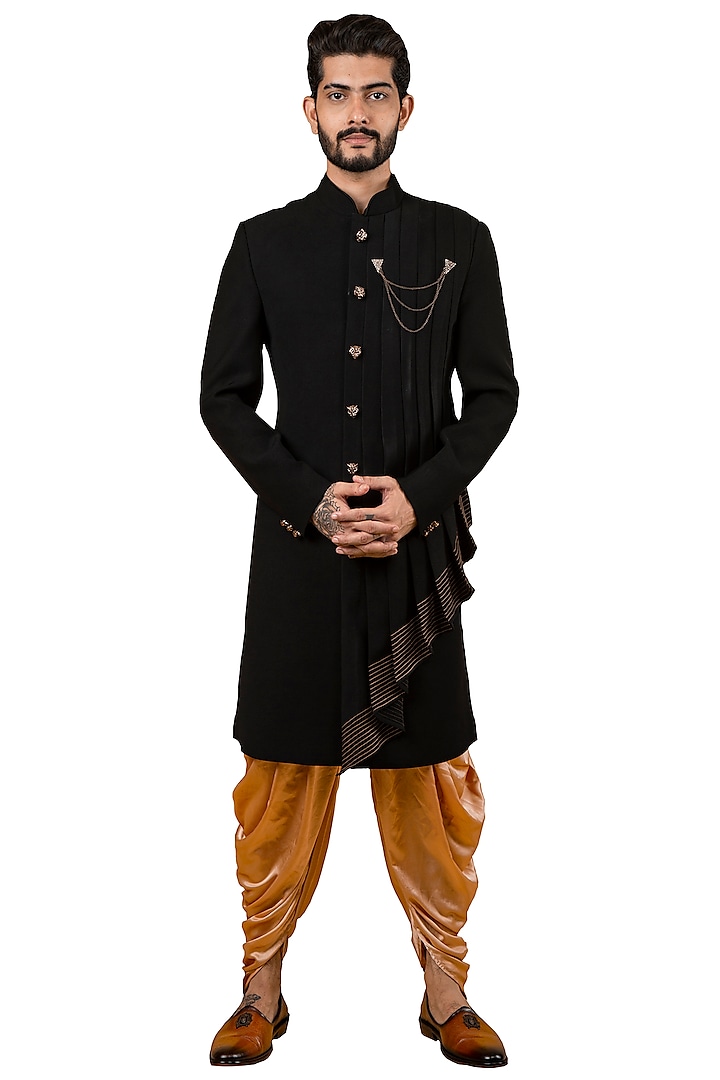 Black Cascading Pleated Kurta by YAJY By Aditya Jain at Pernia's Pop Up Shop