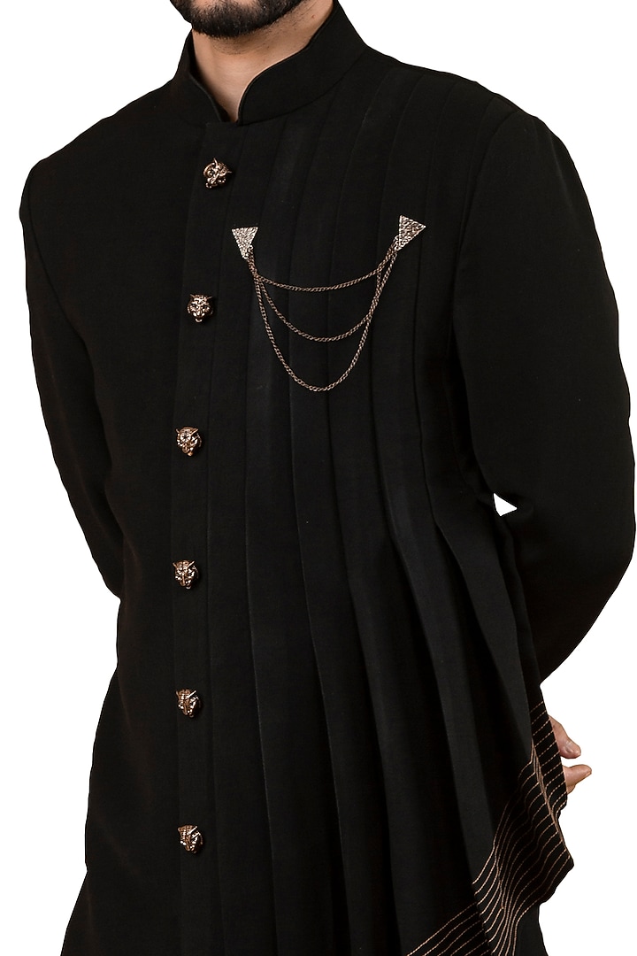 Black Cascading Pleated Kurta by YAJY By Aditya Jain at Pernia's Pop Up Shop