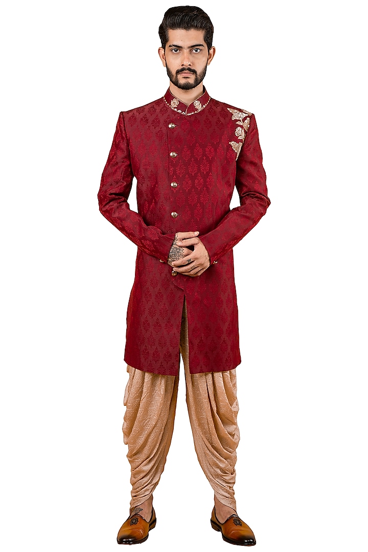 Red Sherwani With Embroidered Collar by YAJY By Aditya Jain