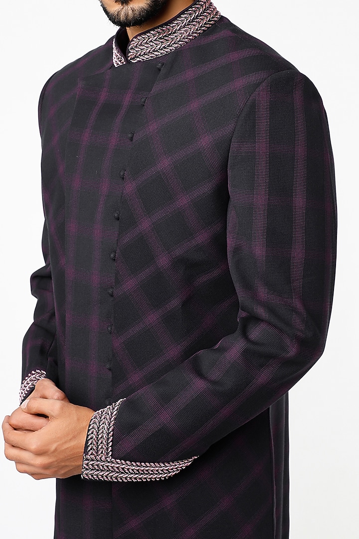 Navy Blue Embroidered Short Wedding Sherwani by YAJY By Aditya Jain at Pernia's Pop Up Shop