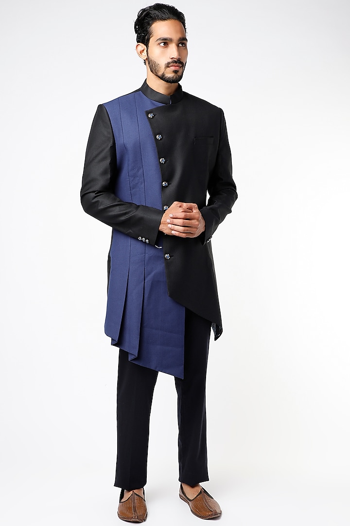 Royal Blue & Black Draped Achkan Jacket  by YAJY By Aditya Jain