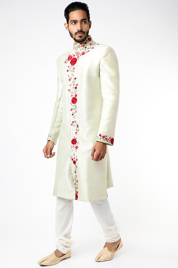 Mint Green Raw Silk Floral Embroidered Wedding Sherwani Set by YAJY By Aditya Jain at Pernia's Pop Up Shop
