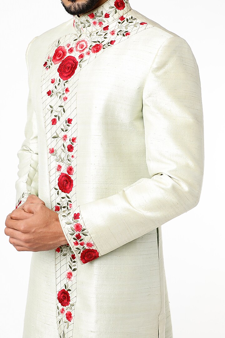 Mint Green Raw Silk Floral Embroidered Wedding Sherwani Set by YAJY By Aditya Jain at Pernia's Pop Up Shop