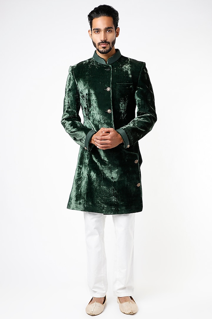 Emerald Green Asymmetrical Short Sherwani by YAJY By Aditya Jain