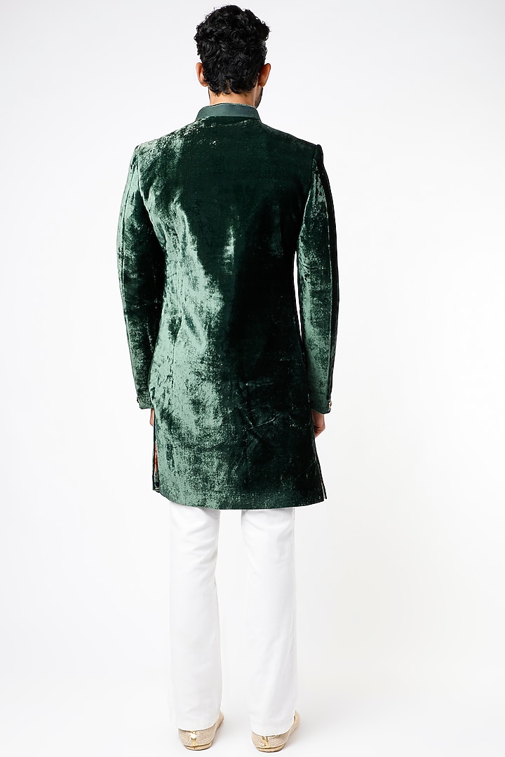 Emerald Green Asymmetrical Short Wedding Sherwani by YAJY By Aditya Jain at Pernia's Pop Up Shop