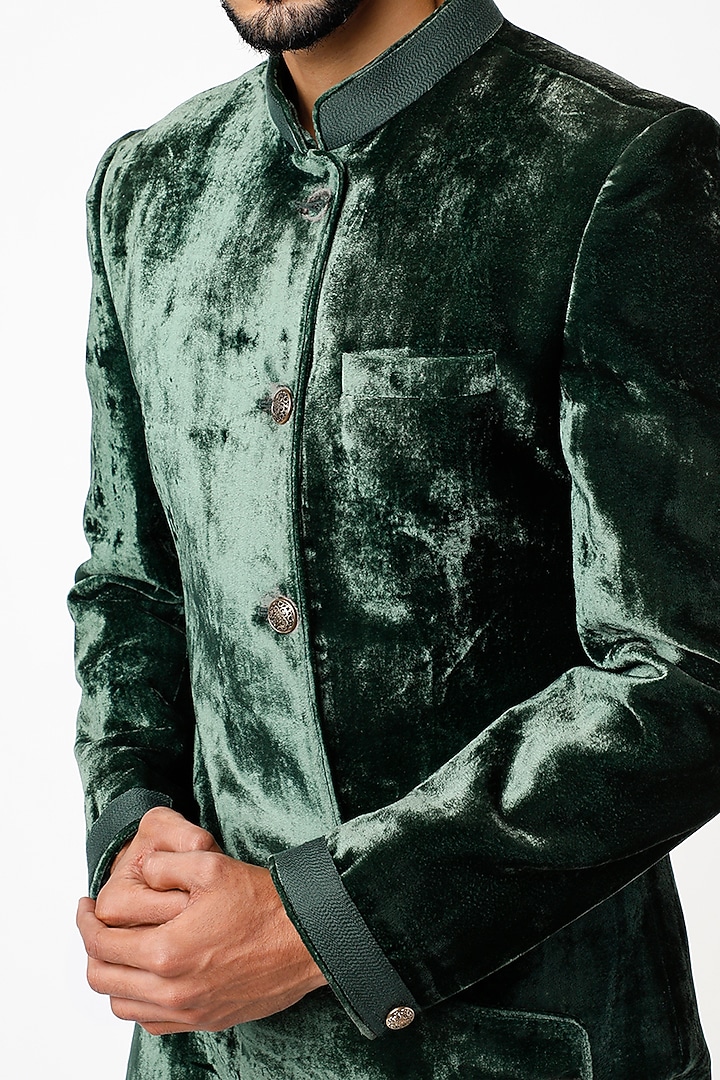 Emerald Green Asymmetrical Short Wedding Sherwani by YAJY By Aditya Jain at Pernia's Pop Up Shop