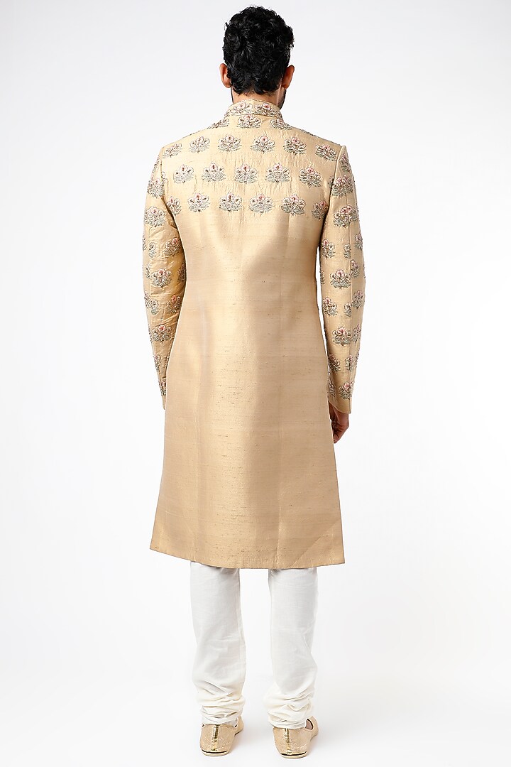 Gold Raw Silk Boota Hand Embroidered Wedding Sherwani Set by YAJY By Aditya Jain at Pernia's Pop Up Shop