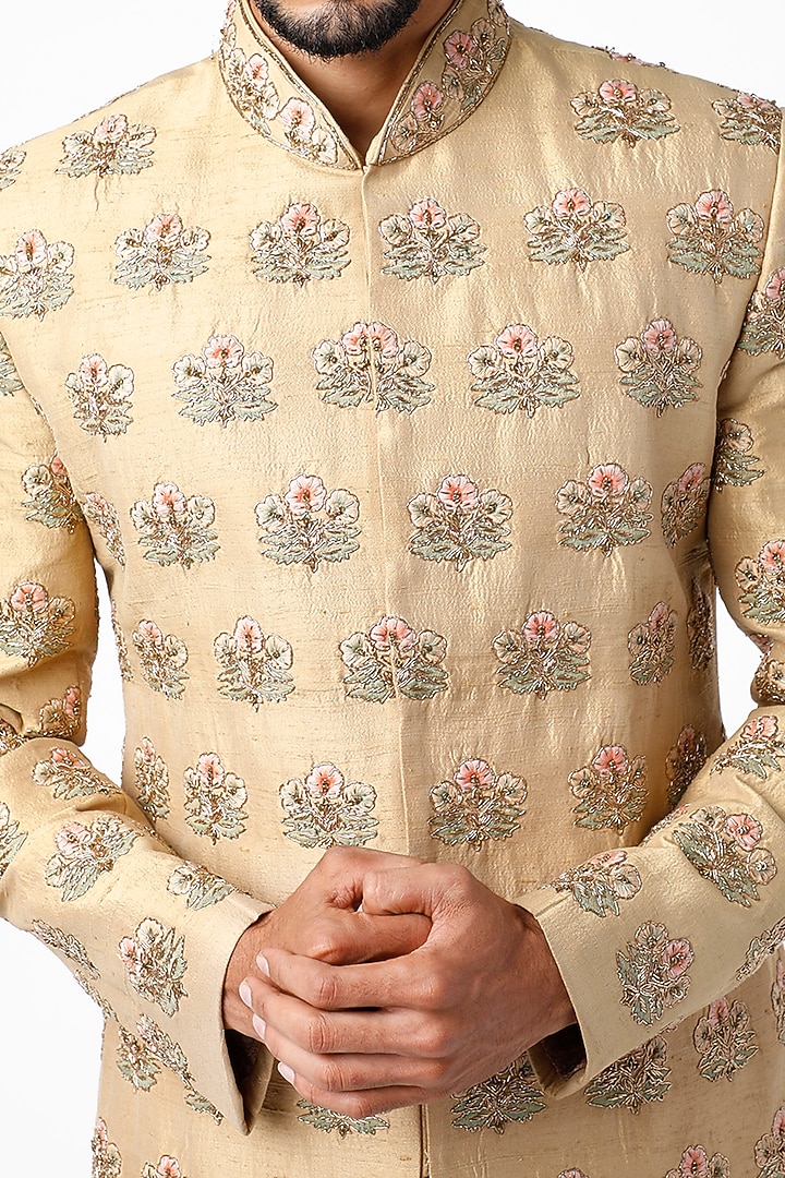 Gold Raw Silk Boota Hand Embroidered Wedding Sherwani Set by YAJY By Aditya Jain at Pernia's Pop Up Shop