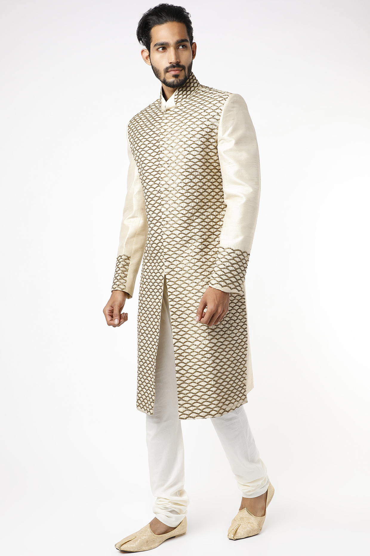 Beige Raw Silk Tikki Hand Embroidered Wedding Sherwani Set by YAJY By Aditya Jain at Pernia's Pop Up Shop