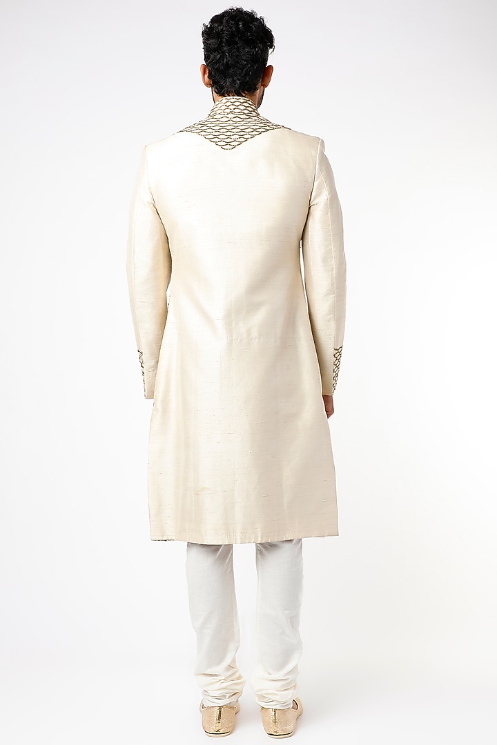 Beige Raw Silk Tikki Hand Embroidered Wedding Sherwani Set by YAJY By Aditya Jain at Pernia's Pop Up Shop