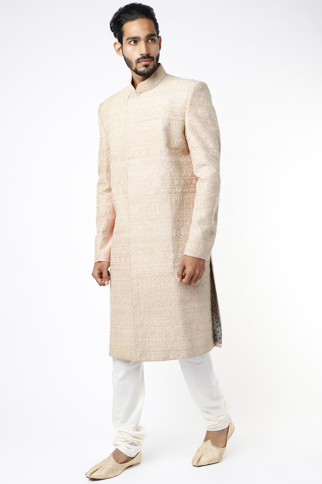 Pale Pink Raw Silk Zari & Resham Hand Embroidered Wedding Sherwani Set by YAJY By Aditya Jain at Pernia's Pop Up Shop