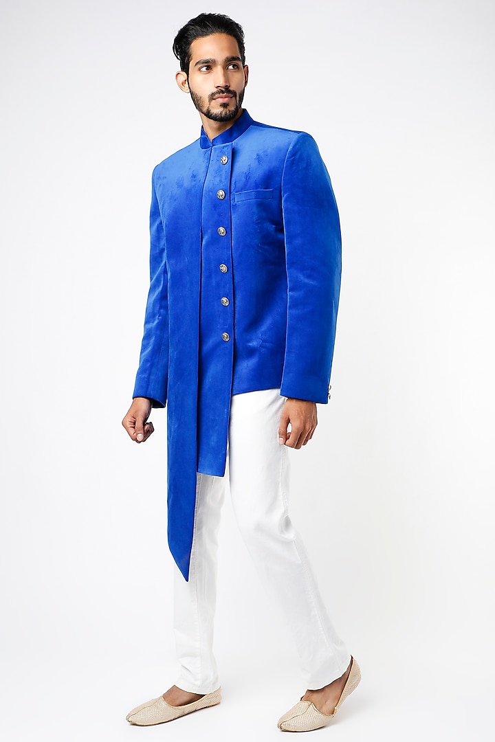 Cobalt Blue Suede Bandhgala Jacket by YAJY By Aditya Jain
