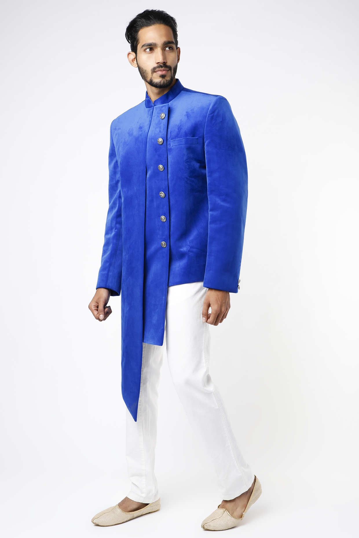 Cobalt Blue Suede Bandhgala Jacket by YAJY By Aditya Jain