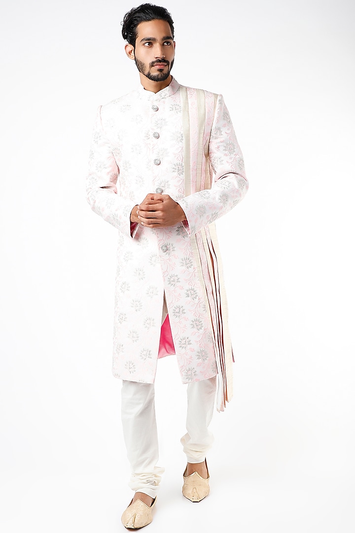 Pale Pink Hand Embroidered Sherwani Set by YAJY By Aditya Jain