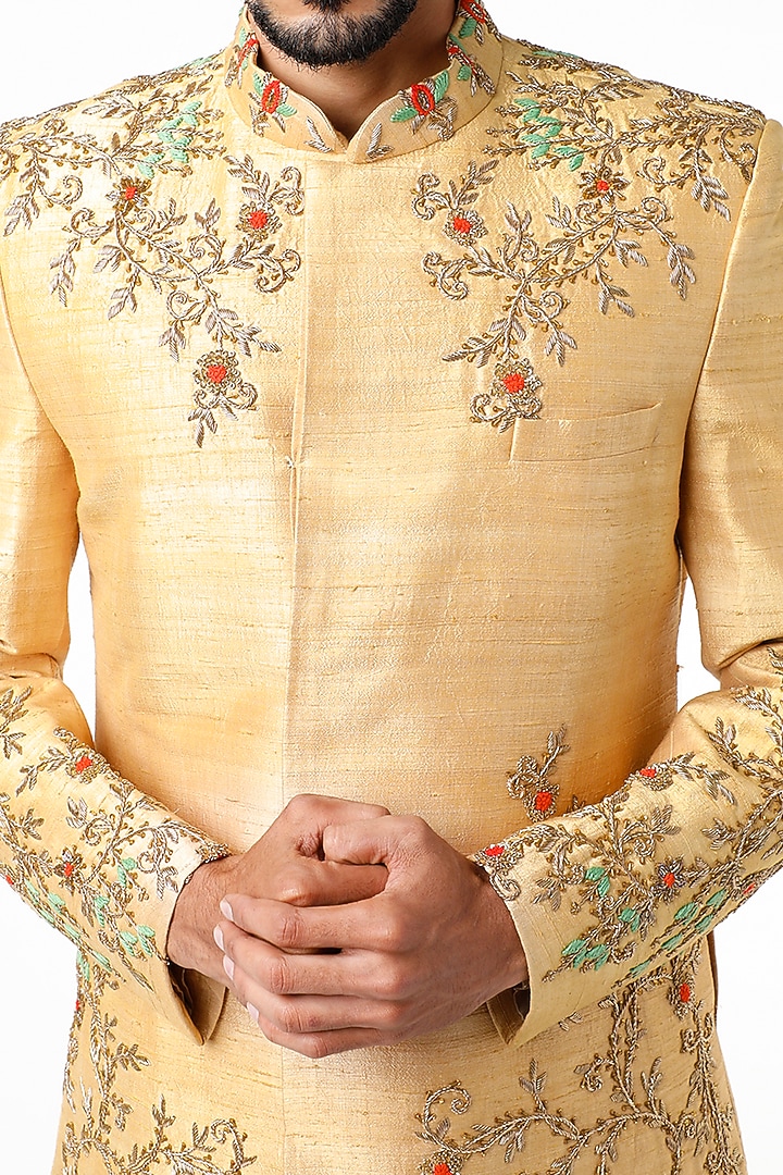 Gold Embroidered Wedding Sherwani Set by YAJY By Aditya Jain at Pernia's Pop Up Shop