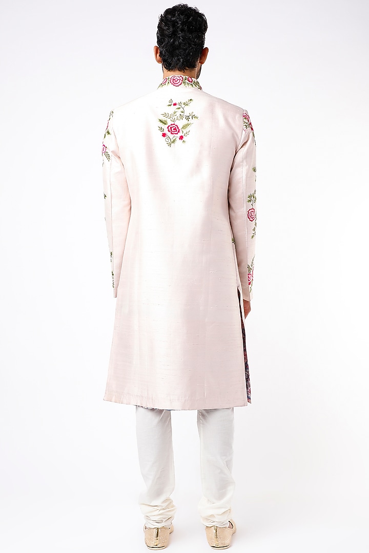 Pale Pink Raw Silk Floral Hand & Machine Embroidered Wedding Sherwani Set by YAJY By Aditya Jain at Pernia's Pop Up Shop