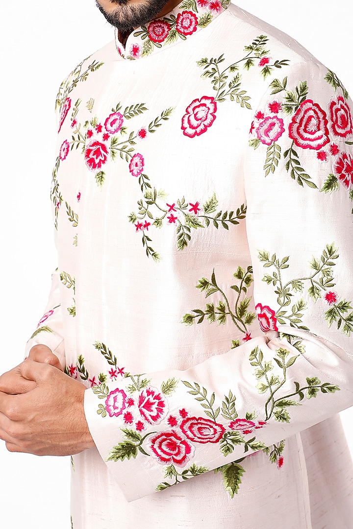 Pale Pink Raw Silk Floral Hand & Machine Embroidered Wedding Sherwani Set by YAJY By Aditya Jain at Pernia's Pop Up Shop