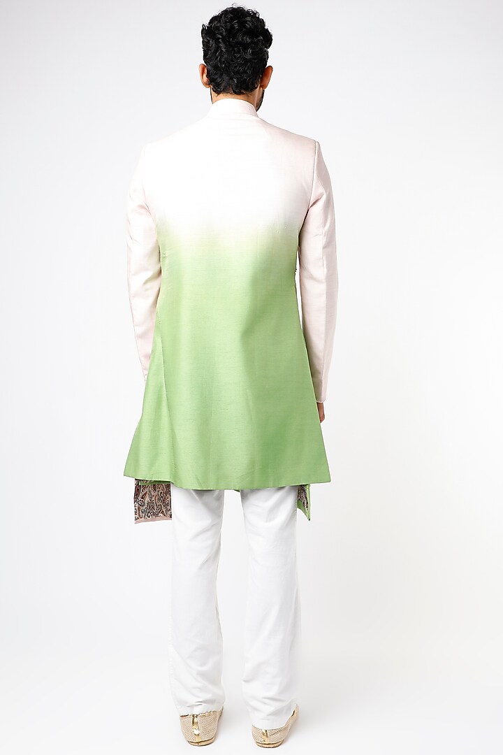 Pale Pink & Mint Green Raw Silk Embroidered Wedding Indowestern by YAJY By Aditya Jain at Pernia's Pop Up Shop