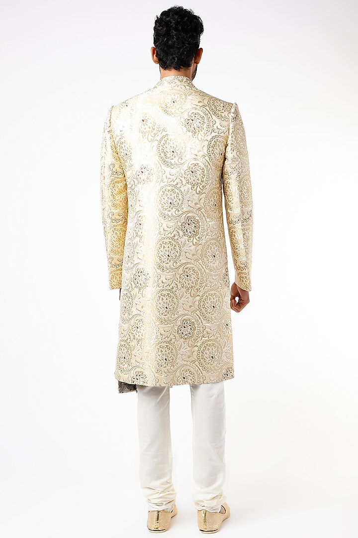 Gold Banarasi Hand Embroidered Wedding Sherwani Set by YAJY By Aditya Jain at Pernia's Pop Up Shop