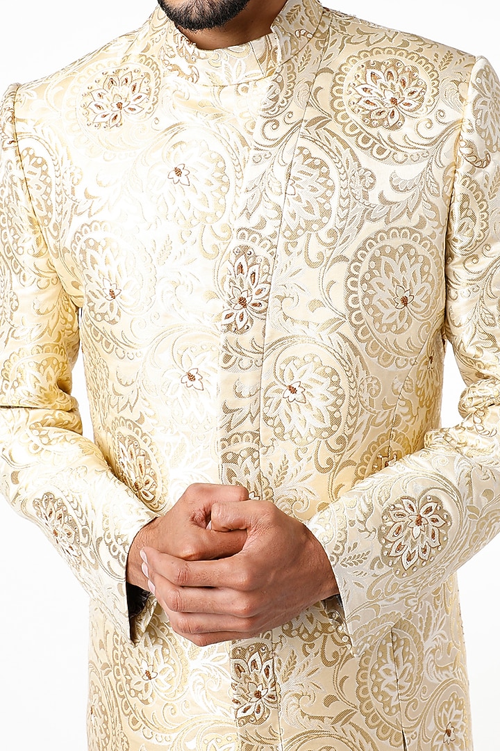 Gold Banarasi Hand Embroidered Wedding Sherwani Set by YAJY By Aditya Jain at Pernia's Pop Up Shop