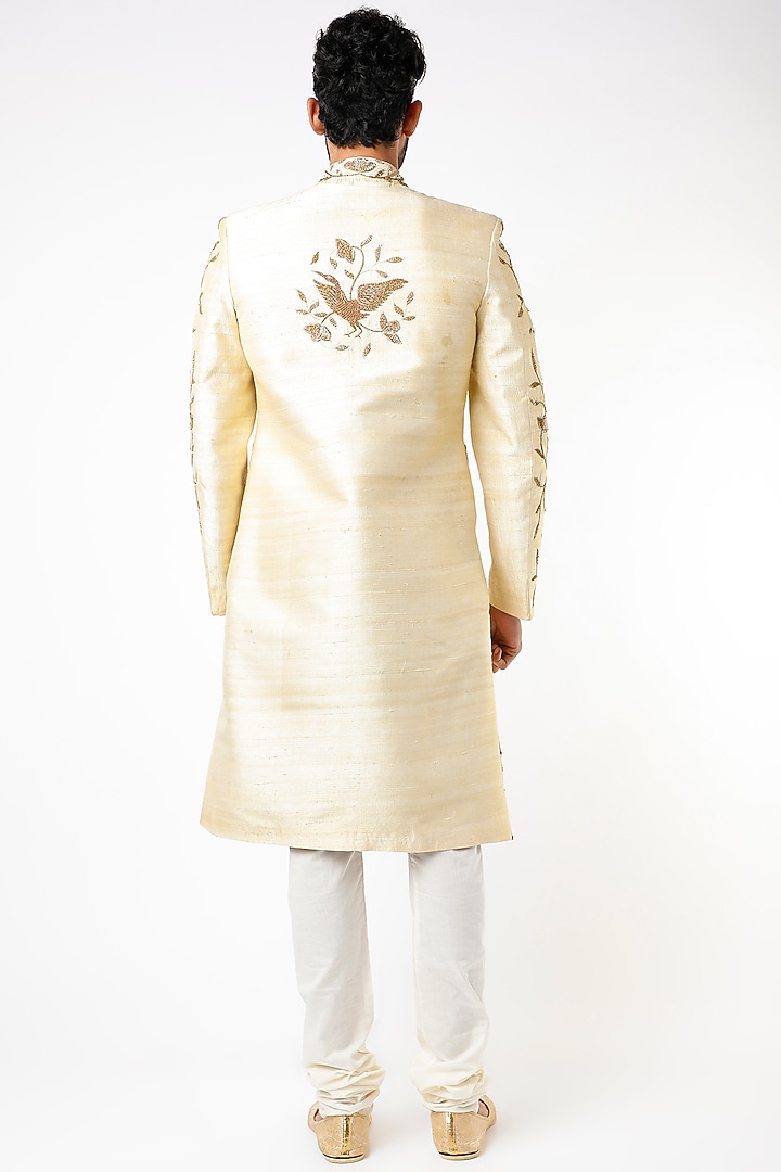 Beige Raw Silk Zari Hand Embroidered Wedding Sherwani Set by YAJY By Aditya Jain at Pernia's Pop Up Shop