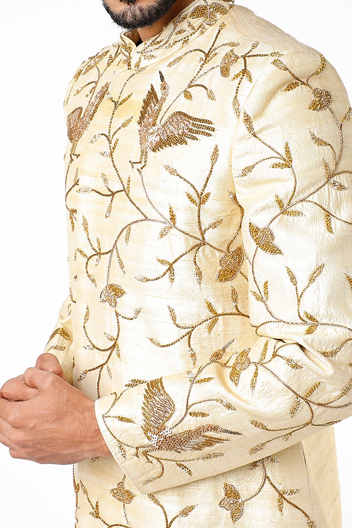 Beige Raw Silk Zari Hand Embroidered Wedding Sherwani Set by YAJY By Aditya Jain at Pernia's Pop Up Shop