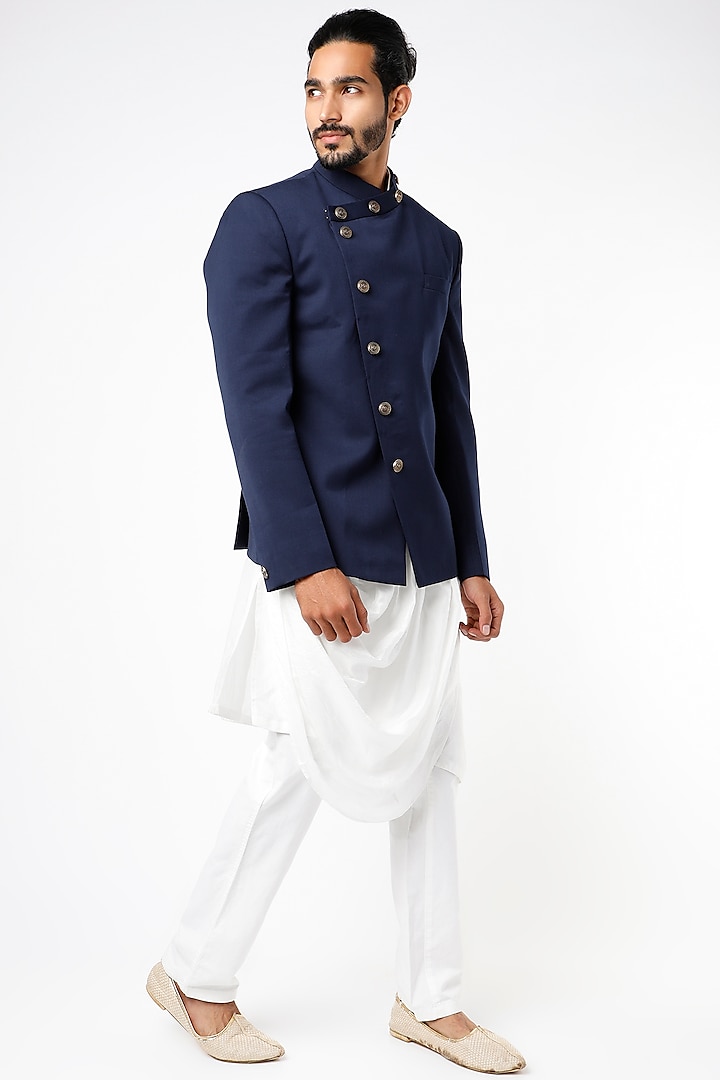Navy Blue Bandhgala Jacket With Kurta by YAJY By Aditya Jain