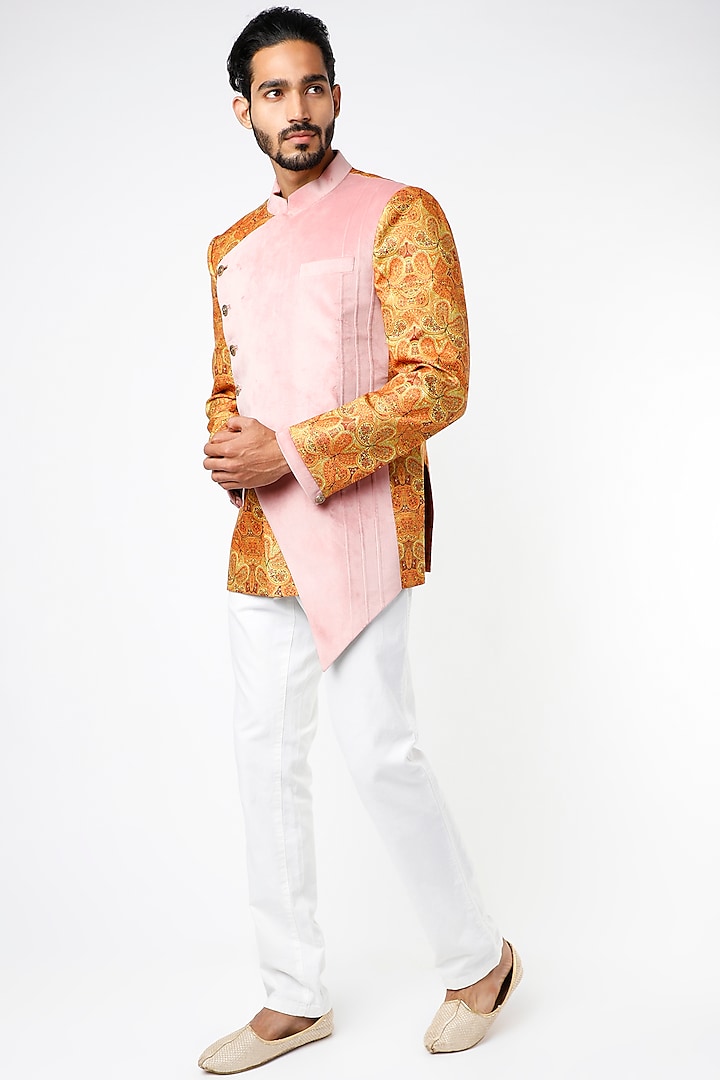 Pink & Mustard Bandhgala Jacket by YAJY By Aditya Jain