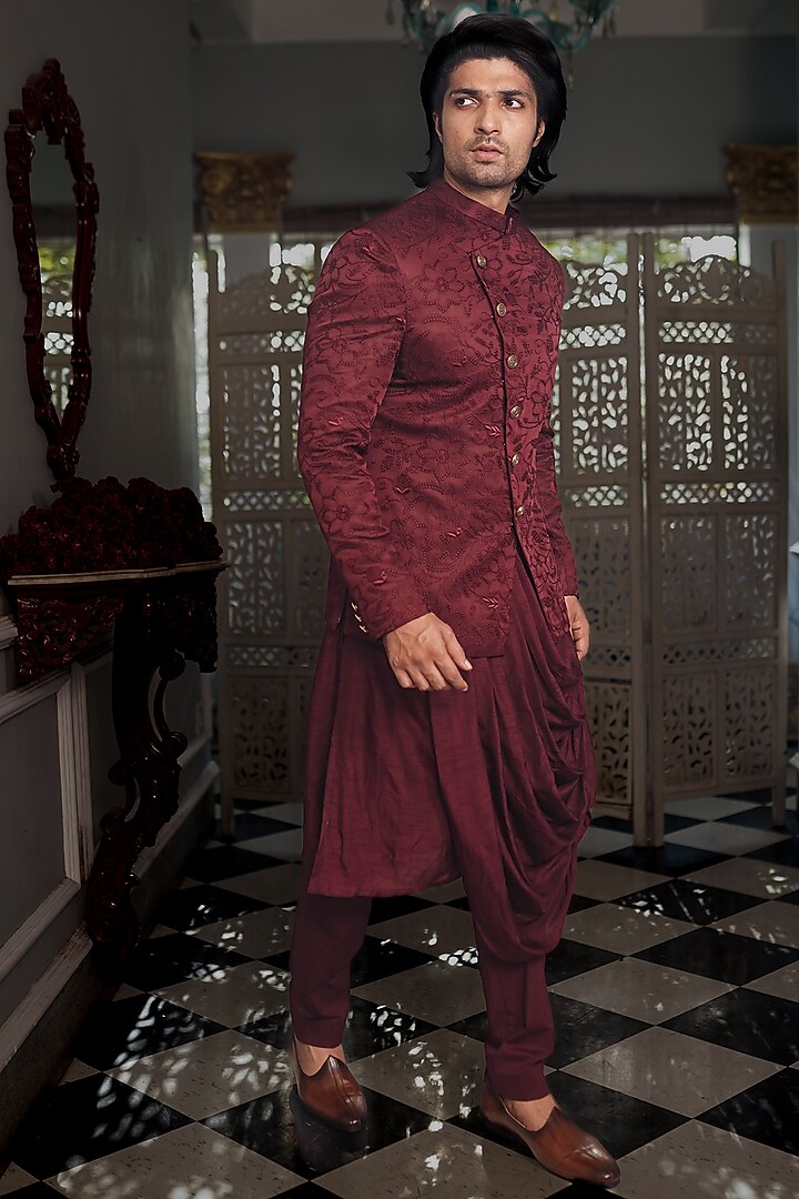 Red Wine Silk Jacket Set by YAJY By Aditya Jain at Pernia's Pop Up Shop