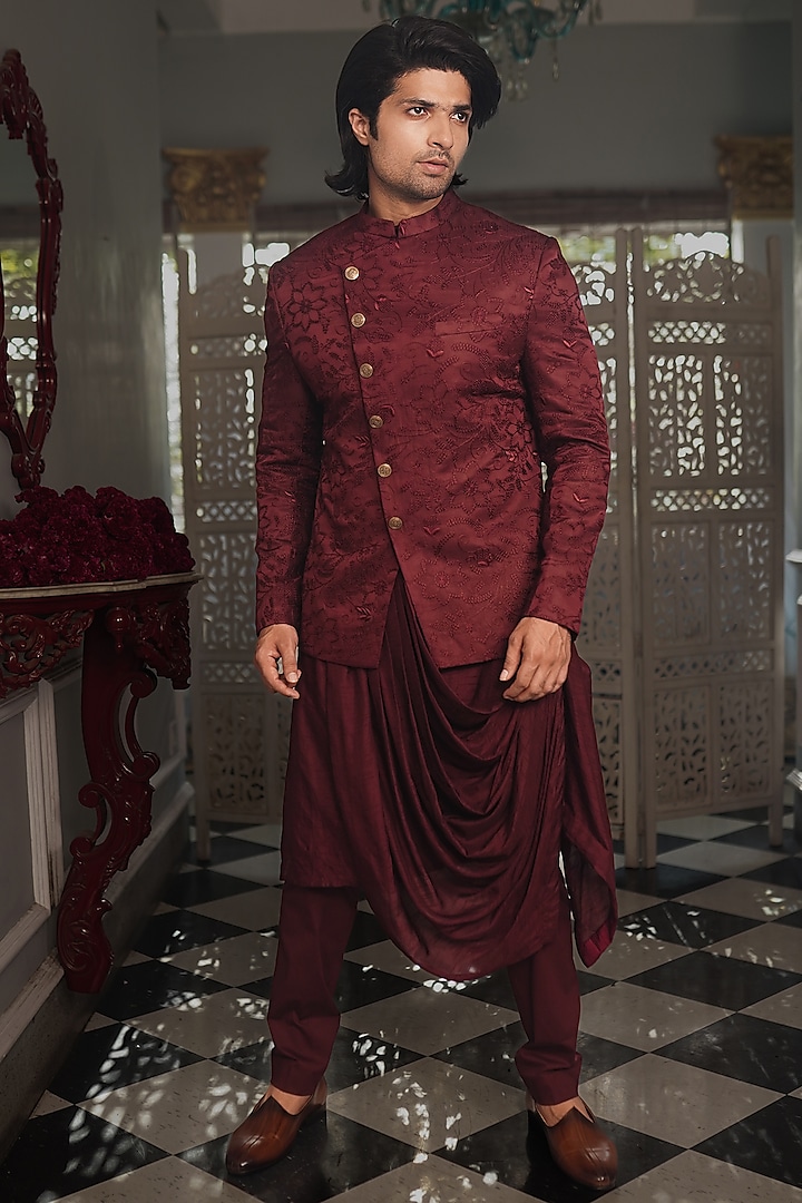Red Wine Silk Jacket Set by YAJY By Aditya Jain