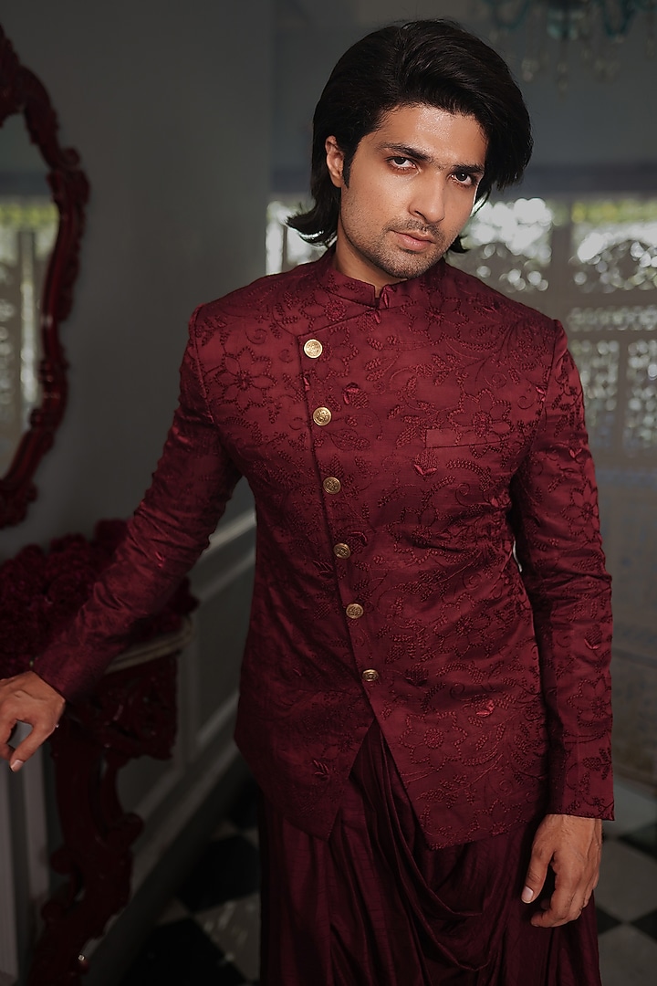 Red Wine Silk Jacket Set by YAJY By Aditya Jain at Pernia's Pop Up Shop