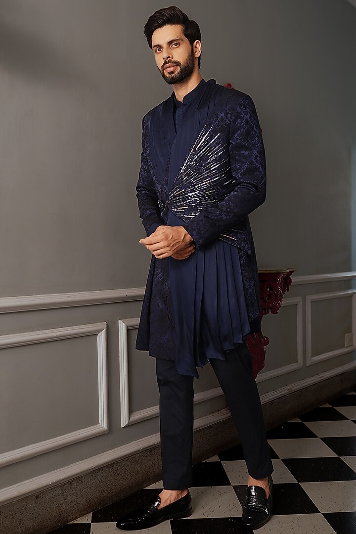 Midnight Blue & Blue Silk Indo Western Set by YAJY By Aditya Jain at Pernia's Pop Up Shop