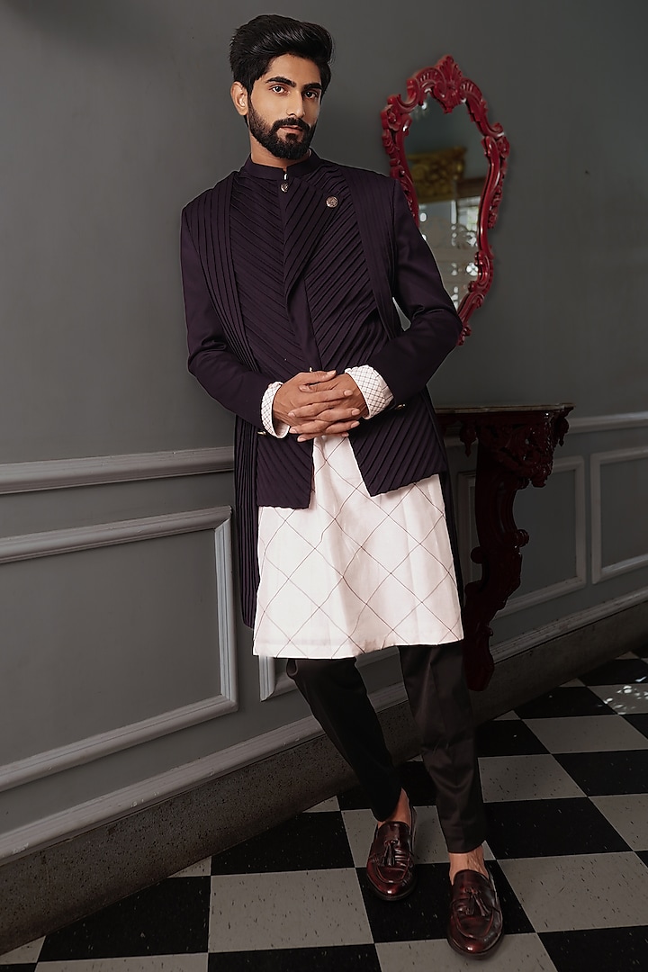 Burgundy Italian Suiting Indo Western Set by YAJY By Aditya Jain
