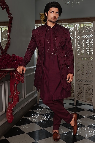 Wine Silk Indo Western Set by YAJY By Aditya Jain