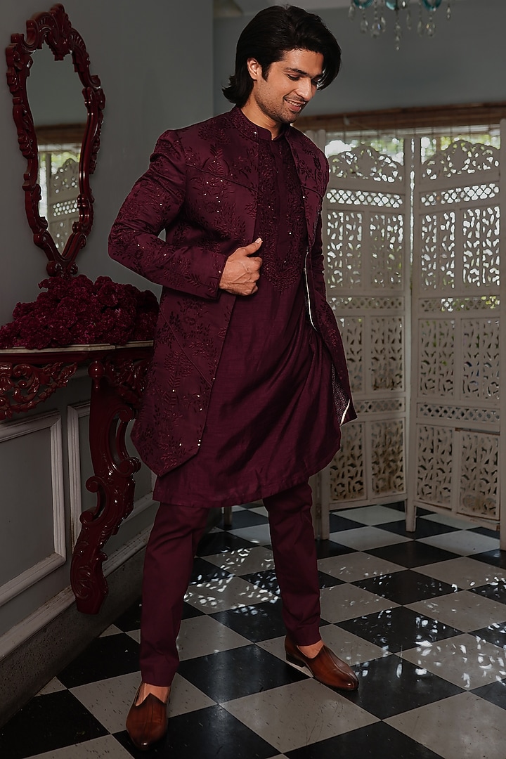 Wine Silk Indo Western Set by YAJY By Aditya Jain at Pernia's Pop Up Shop