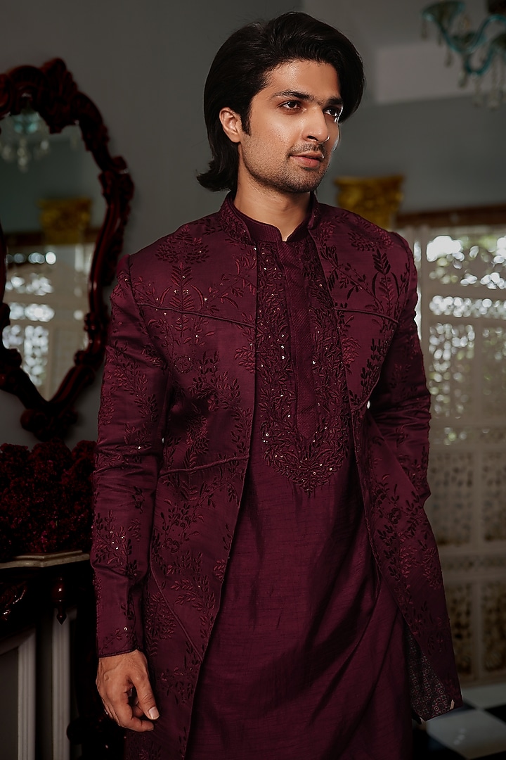 Wine Silk Indo Western Set by YAJY By Aditya Jain at Pernia's Pop Up Shop