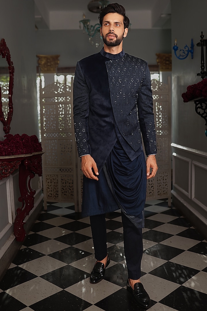 Midnight Blue Suede & Silk Embellished Jacket Set by YAJY By Aditya Jain