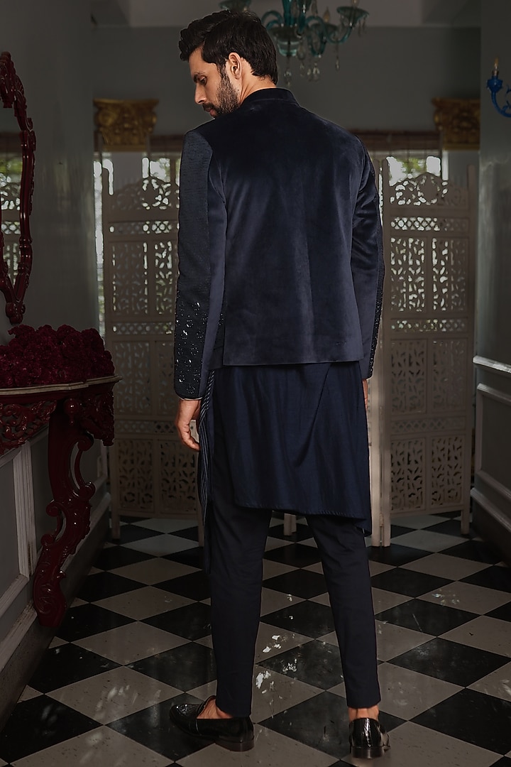 Midnight Blue Suede & Silk Embellished Jacket Set by YAJY By Aditya Jain at Pernia's Pop Up Shop